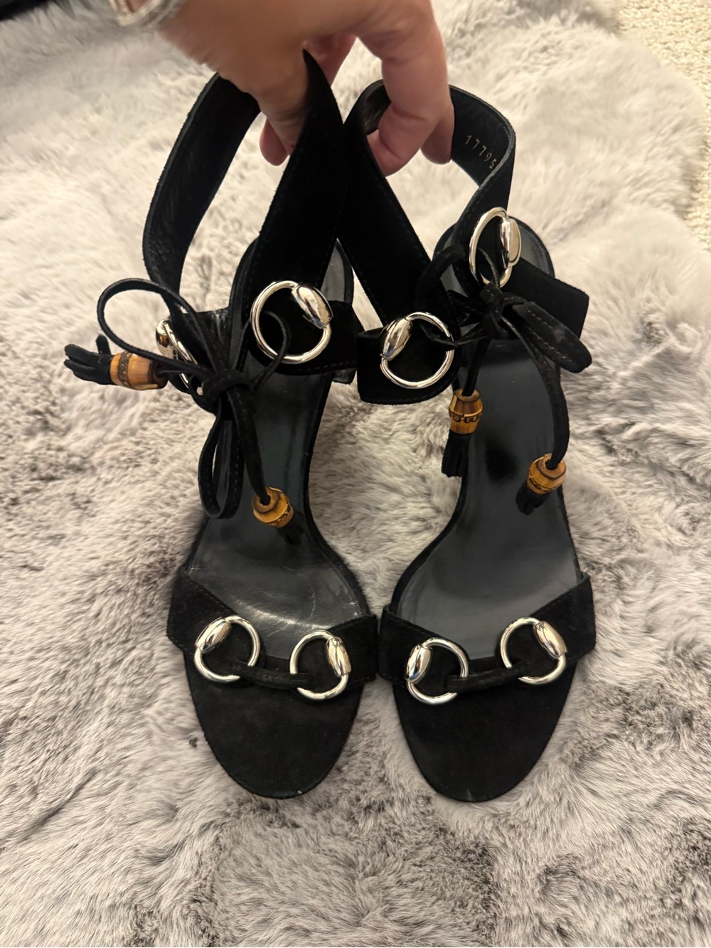 Gucci Black Suede Women's Heeled Sandals with Silver Horsebit Details size 9